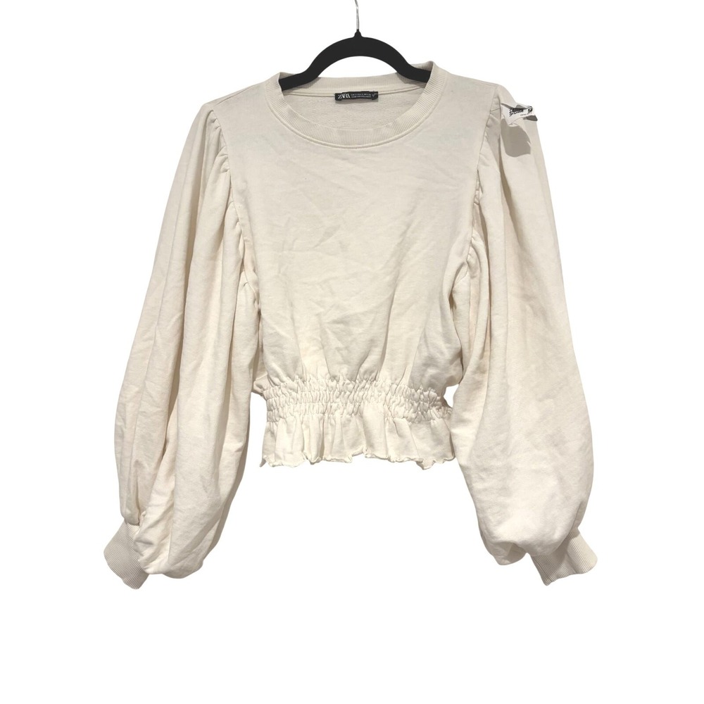 Women's Zara‎ sz S white puff sleeve cotton sweatshirt #921
